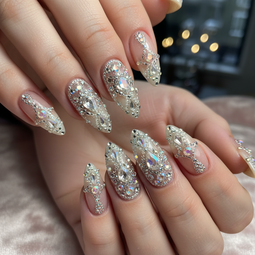 Beautiful Photo-real Salon Rhinestone Nails Rhinestone nail art