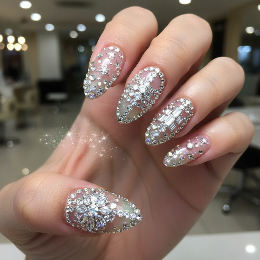 Gorgeous Photo-real Salon Rhinestone Nails Rhinestone nail art