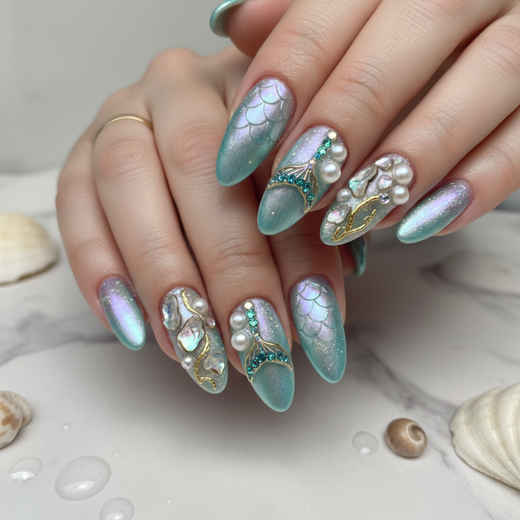 Sophisticated Photo-real Salon Mermaid Nails Mermaid nail art