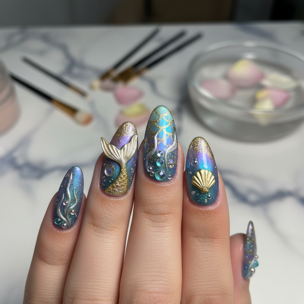 Sophisticated Photo-real Salon Mermaid Nails Mermaid nail art