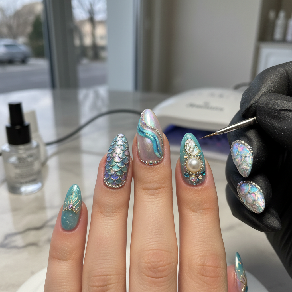 Sophisticated Photo-real Salon Mermaid Nails Mermaid nail art